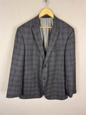 Austin Reed Signature Mens 48L Gray Plaid 100% Wool 2 Button Blazer Sport Coat